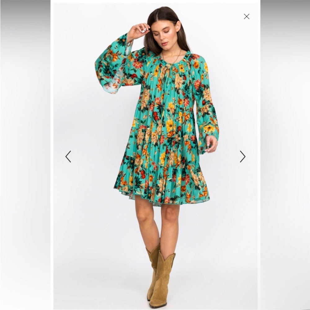 Johnny‎ Was Tulum Mini Dress XS Floral Green Oversized Ruffle